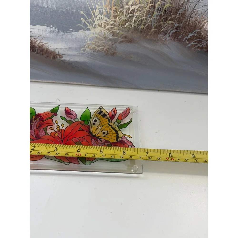 Hand Painted Glass Butterfly Lily Floral Tray Trivet Stained Glass Style 8x4